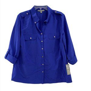 Button Front Blouse Royal Blue My Collection Woman's Large Long Rolled Sleeve